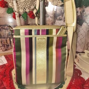 Coach Legacy Mini Gold and Multicolor Stripe Crossbody Bag Feels Satin Soft